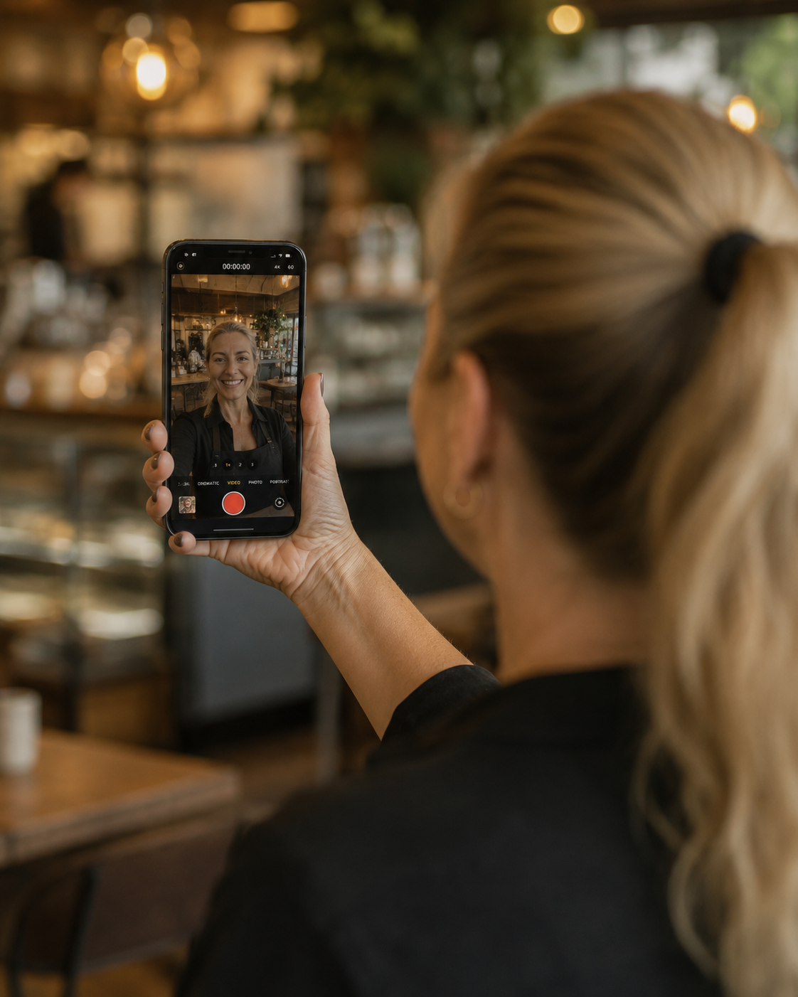 Small business owner recording content on her phone in a cafe setting